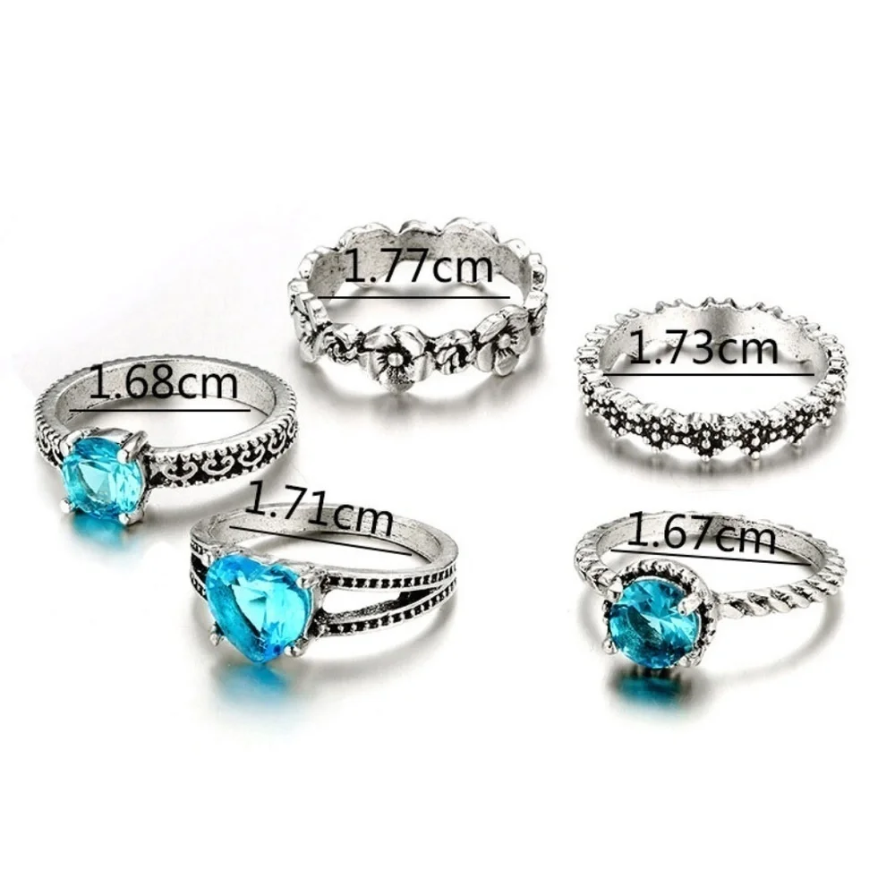 *MATTIE* 5-Pc Silver x Blue Gem Fashion Ring Set